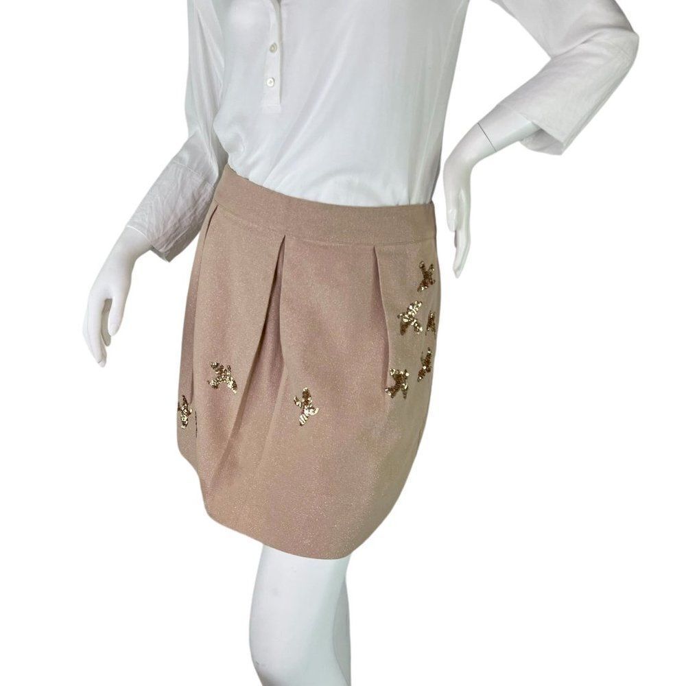 Leifnotes Anthropologie Tan Metallic Migrating Birds Skirt, Gold Sequins Size 6